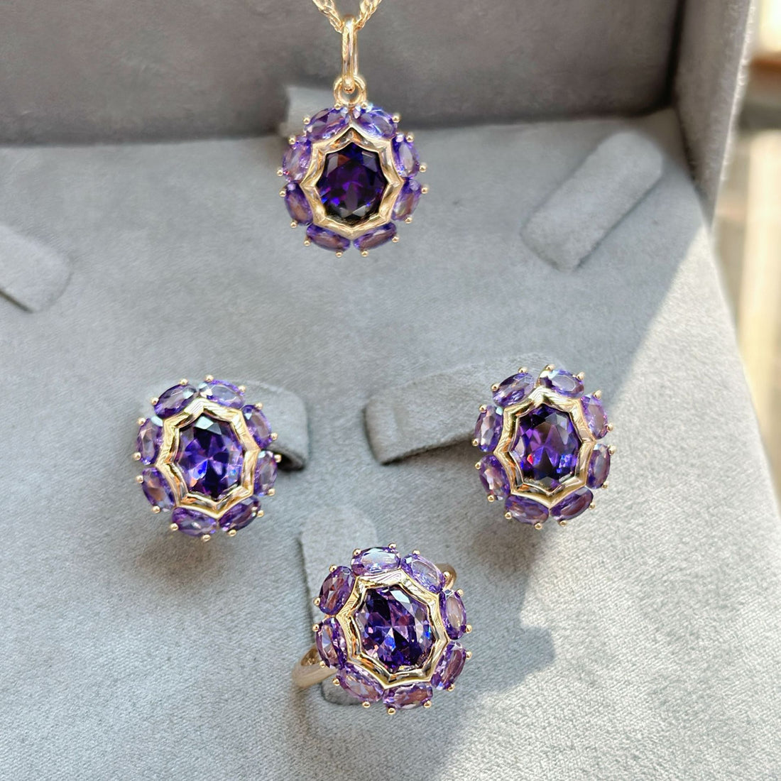 Gulkina Purple Gold Ring Earrings Necklace Amethyst Ornament Suit - Norellé