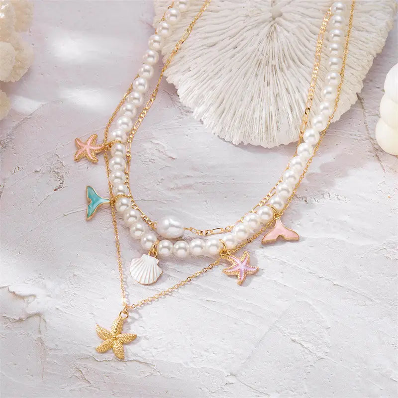 Summer Retro Vacation Style Beach Shell Artificial Pearl Conch Multi-layer Women’s Necklace