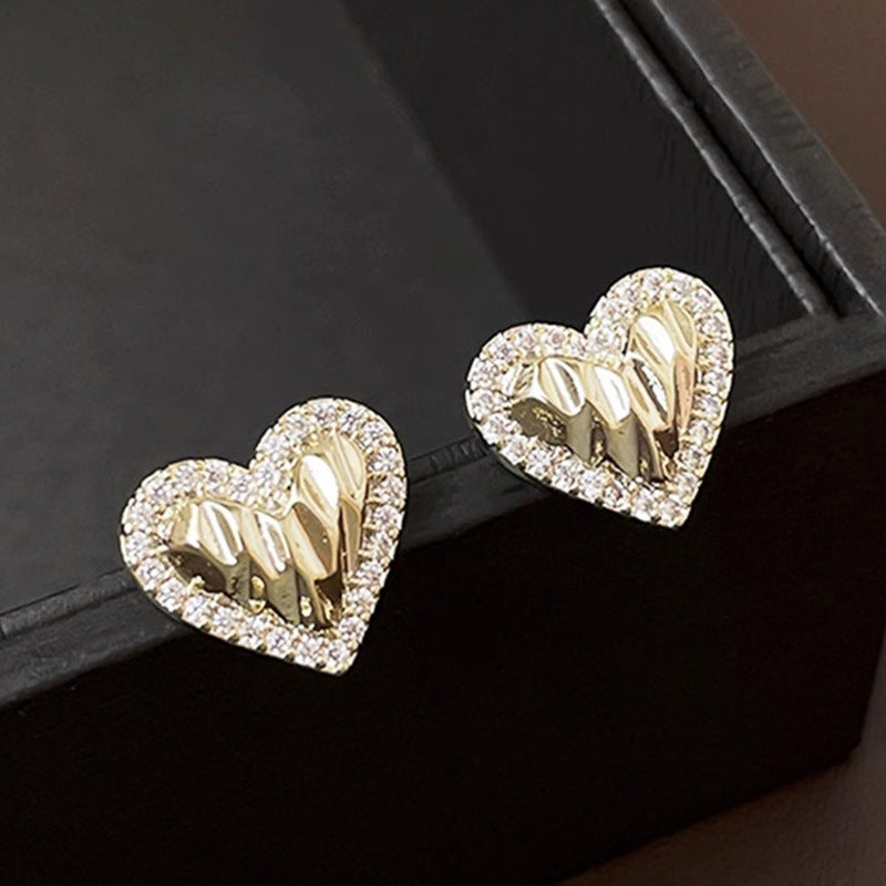 Fashion Pleated Heart-shaped Zircon Silver Pin Earrings Geometric Advanced - Norellé