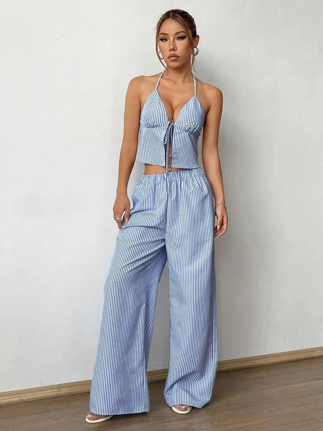 Summer Stripes Vest Plus Stretchy Straight-leg Pants Casual Two-piece Suit