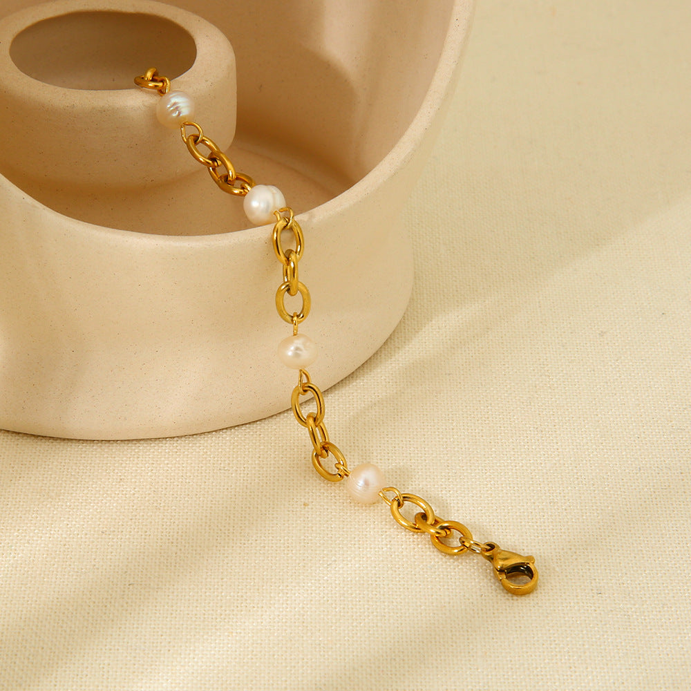 K Gold Stainless Steel Bracelet 6  Water Pearl Chain - Norellé