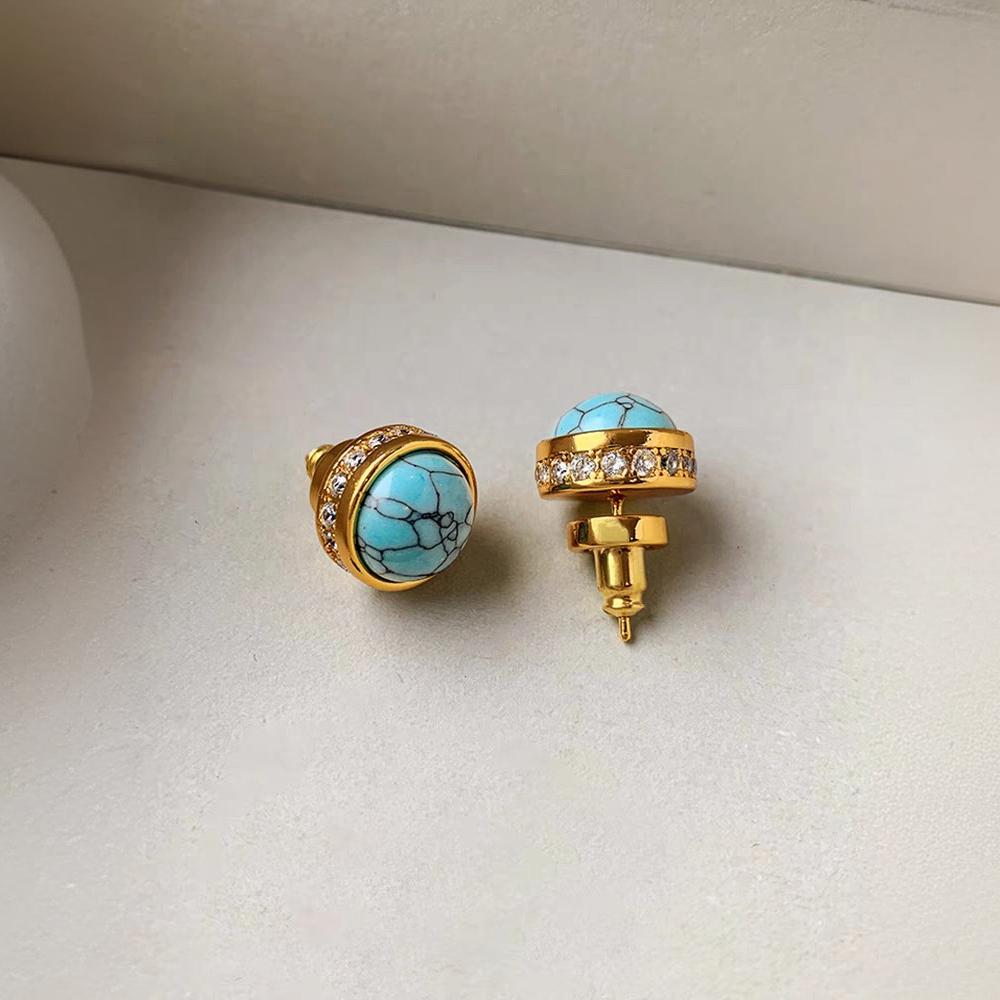 Natural Stone Stud Earrings Round Diamond Gold-plated Earrings - Norellé