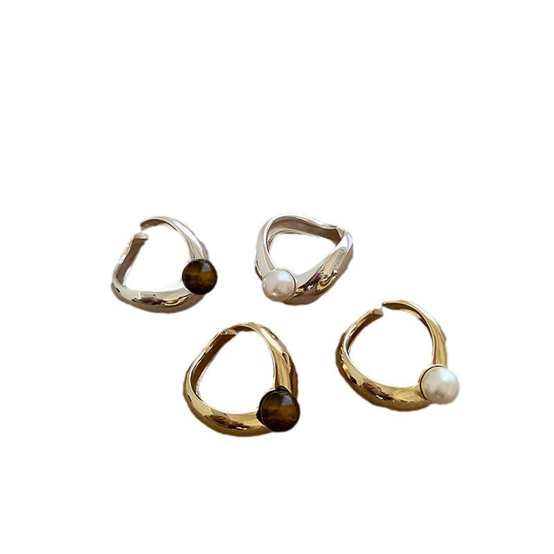 Irregular Metal Pearl Tigereye Open Ring For Women - Norellé