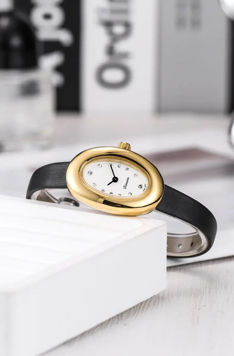 Women Quartz Watch Roman Numerals Vintage Simple Oval Clock Stainless Steel