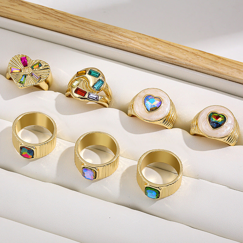 Colorful Crystals Oil Drop Peach Heart Crystal Ring - Norellé