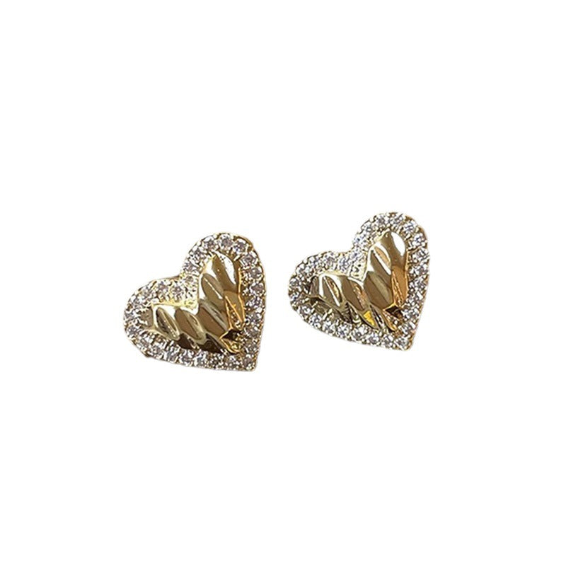 Fashion Pleated Heart-shaped Zircon Silver Pin Earrings Geometric Advanced - Norellé