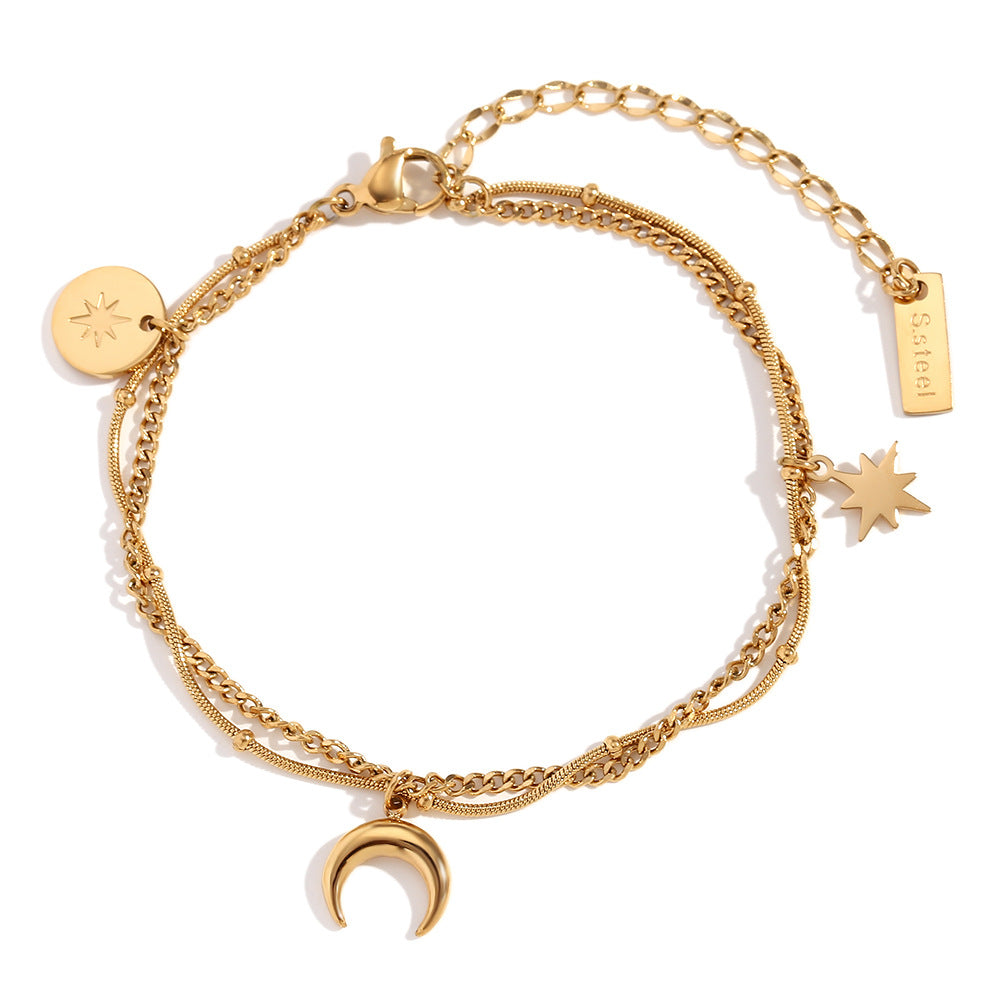 Vintage Necklace Stainless Steel Plated 18K Gold Moon Eight Awn Star Bracelet - Norellé