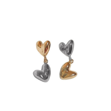 Gold And Silver Stitching Two-tone Love Heart Earrings - Norellé