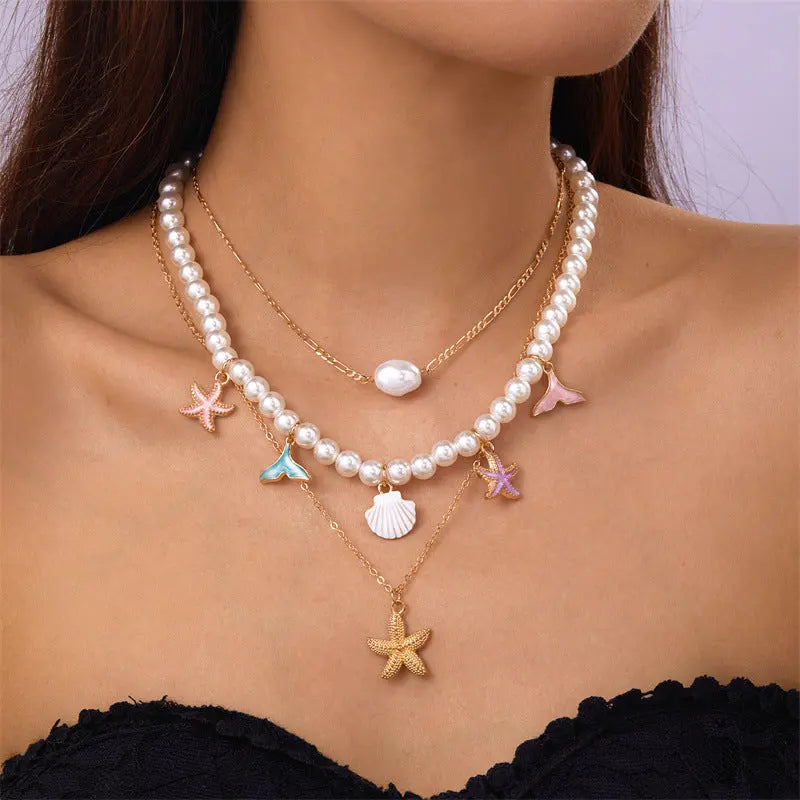 Summer Retro Vacation Style Beach Shell Artificial Pearl Conch Multi-layer Women's Necklace - Norellé