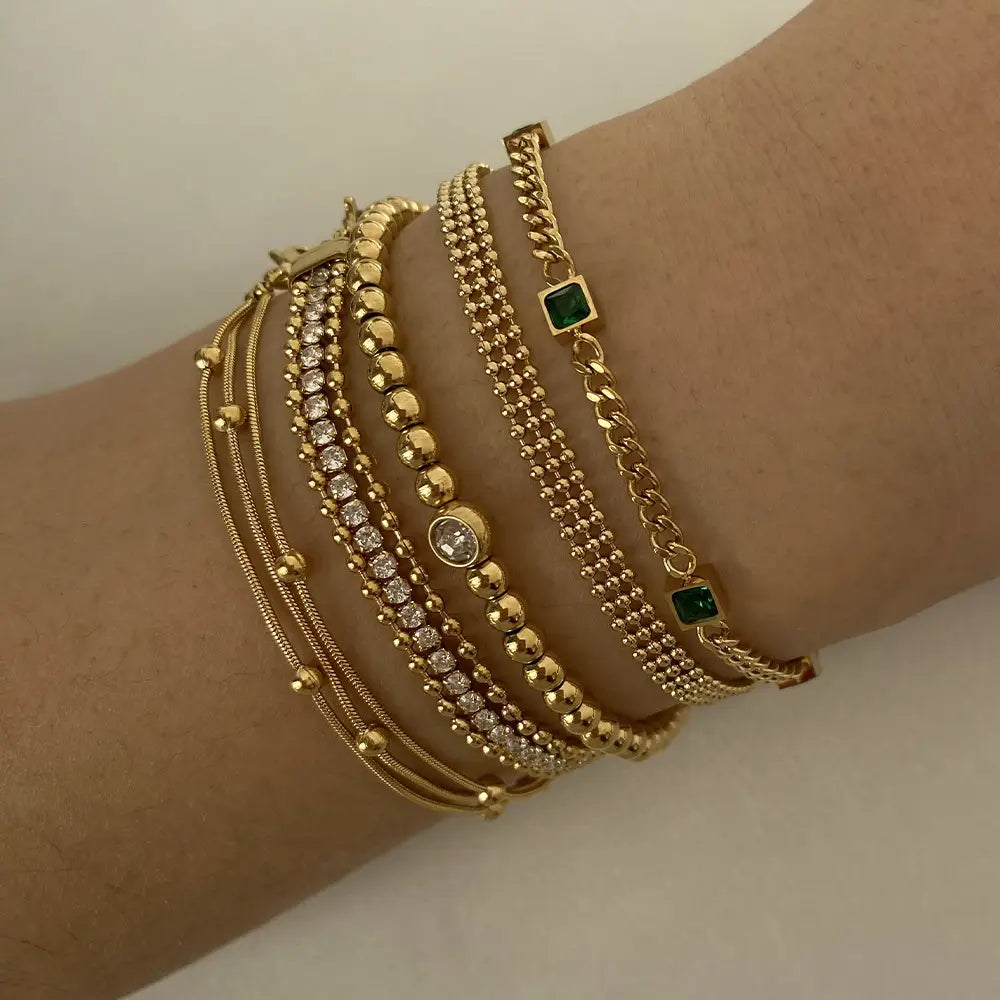 Stainless Steel Electroplated Small Golden Beads Multi-layer Twin Bracelet