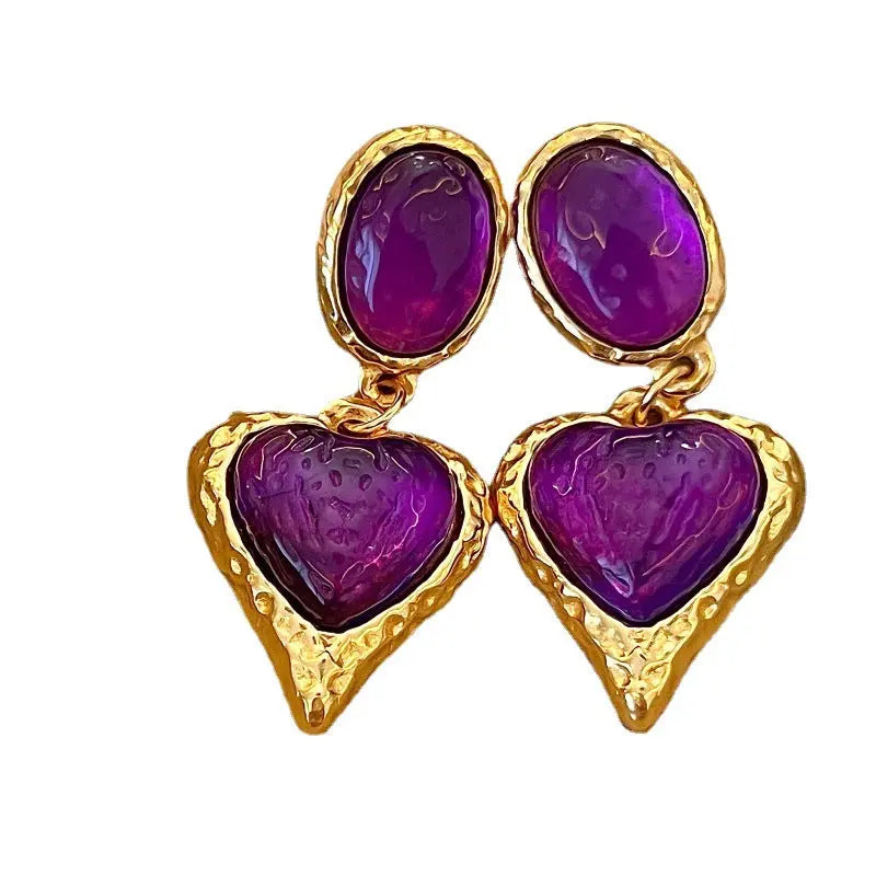 Medieval French Royal Style Purple Love Heart Earrings - Norellé