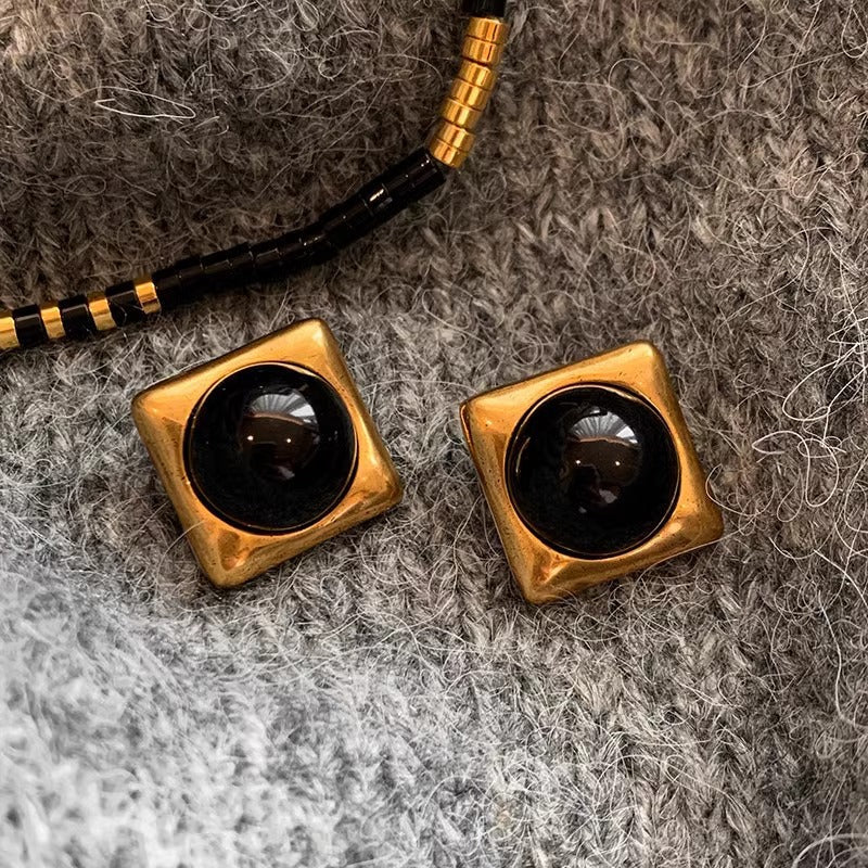 Square Black Agate Middle Ancient Gold Earrings For Women - Norellé