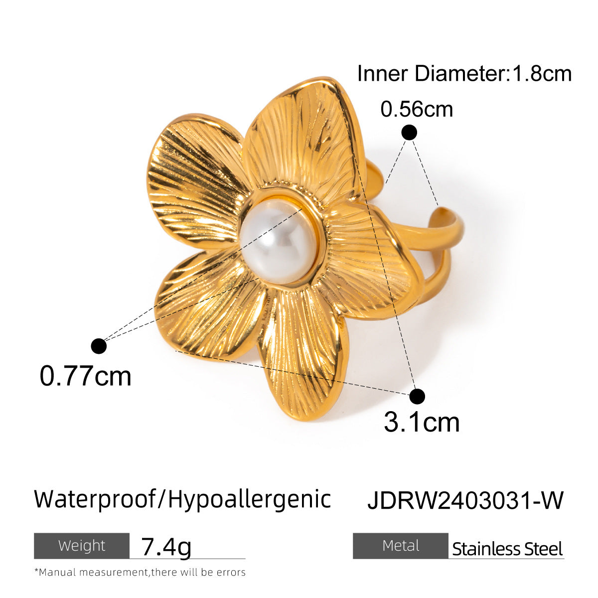 Stainless Steel Flower Pearl Ring Exaggerated High Sense - Norellé