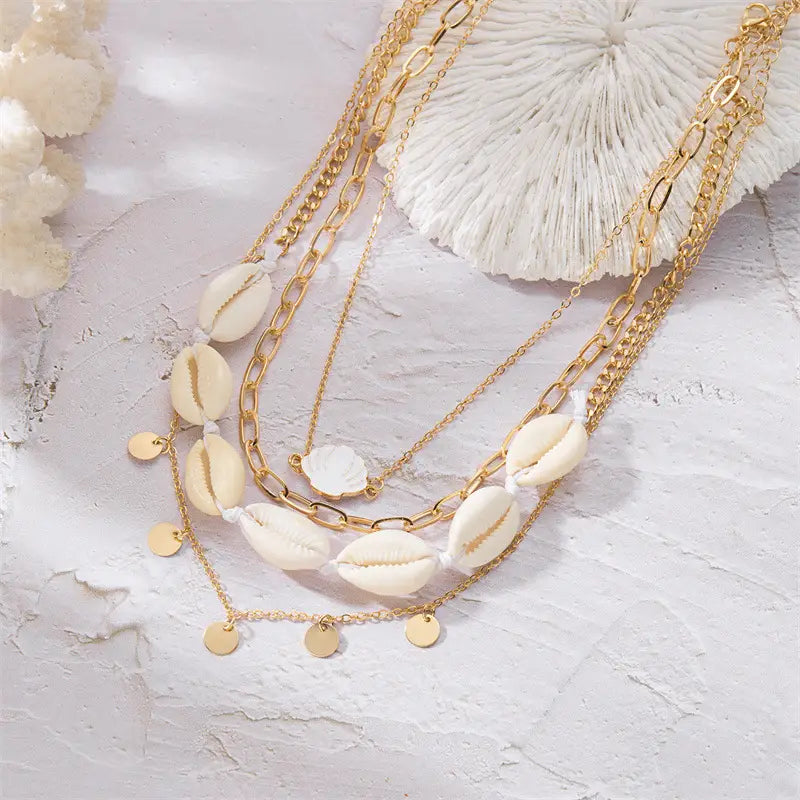 Summer Retro Vacation Style Beach Shell Artificial Pearl Conch Multi-layer Women’s Necklace