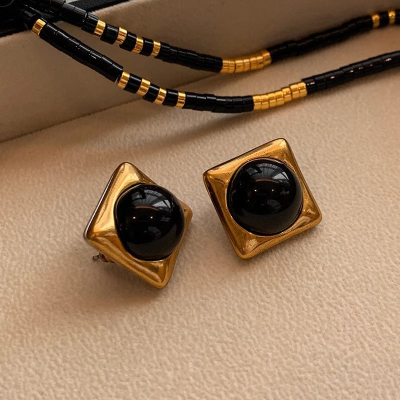 Square Black Agate Middle Ancient Gold Earrings For Women - Norellé