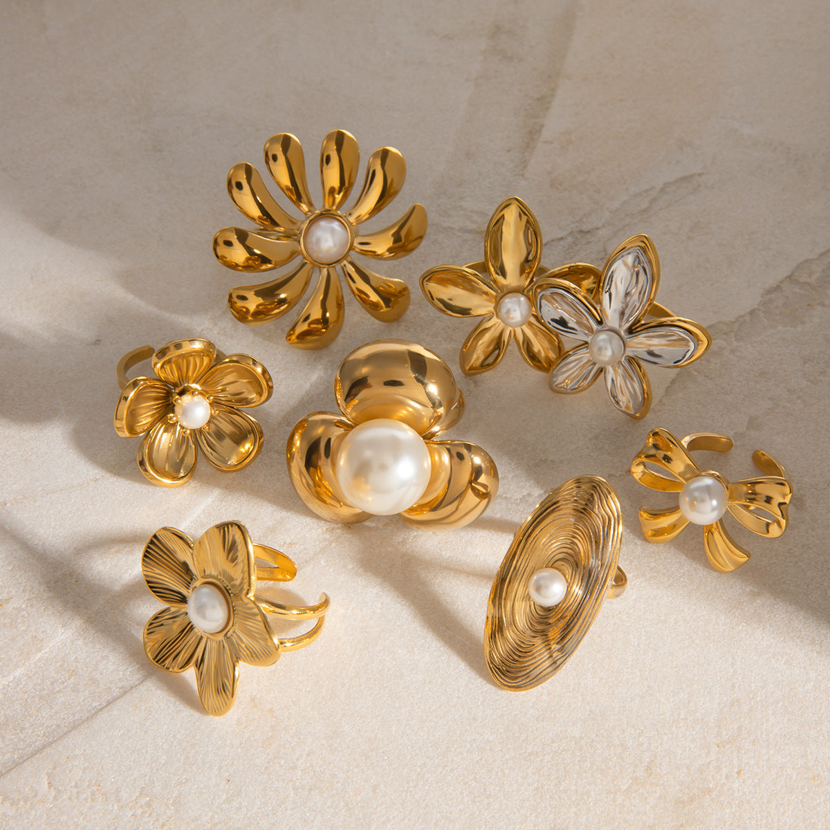 Stainless Steel Flower Pearl Ring Exaggerated High Sense - Norellé