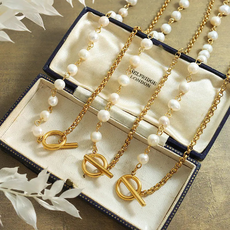 Retro Affordable Luxury Freshwater Pearl OT Buckle Bracelet Necklace - Norellé