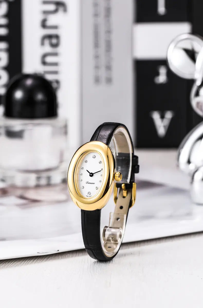 Women Quartz Watch Roman Numerals Vintage Simple Oval Clock Stainless Steel