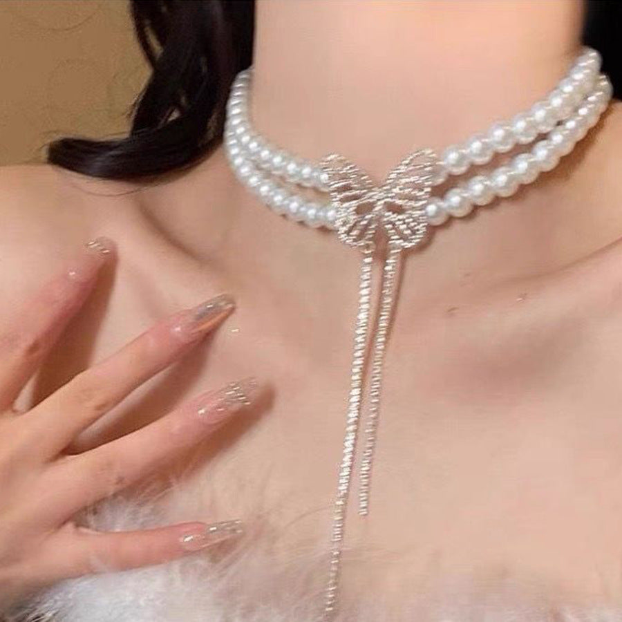 New Rhinestone Pearl Tassel Double-layer Necklace - Norellé