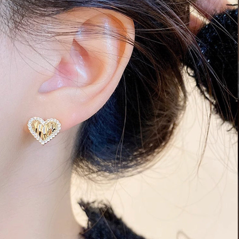 Fashion Pleated Heart-shaped Zircon Silver Pin Earrings Geometric Advanced - Norellé