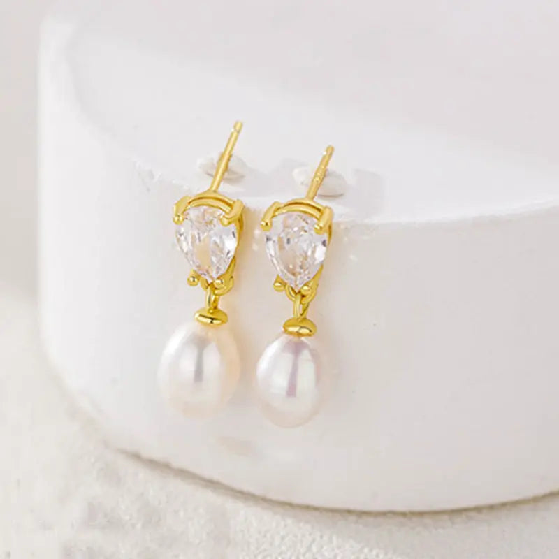 Freshwater Pearl Water Drop Pear-shaped Zircon Earrings - Norellé
