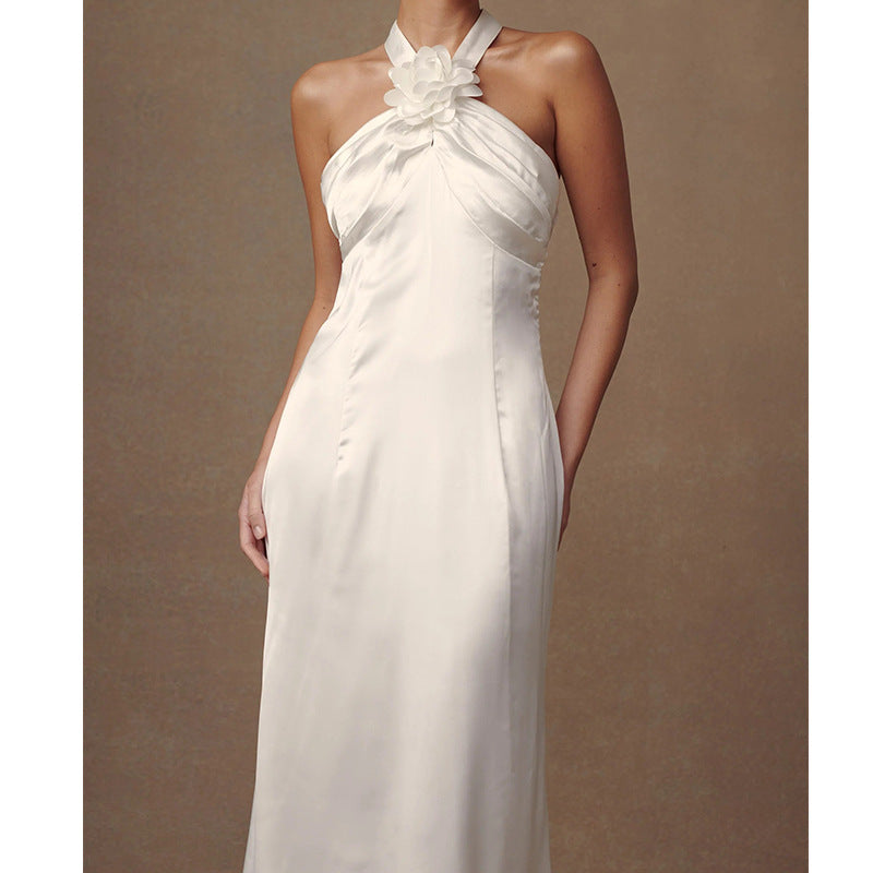 Backless  Flowers Satin High-grade Halter Dress - Norellé