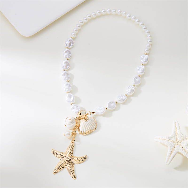 Summer Retro Vacation Style Beach Shell Artificial Pearl Conch Multi-layer Women’s Necklace