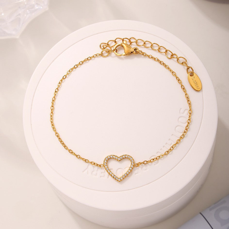 Stainless Steel Fully Jeweled Loving Heart Zircon Non-fading Texture Bracelet For Women - Norellé