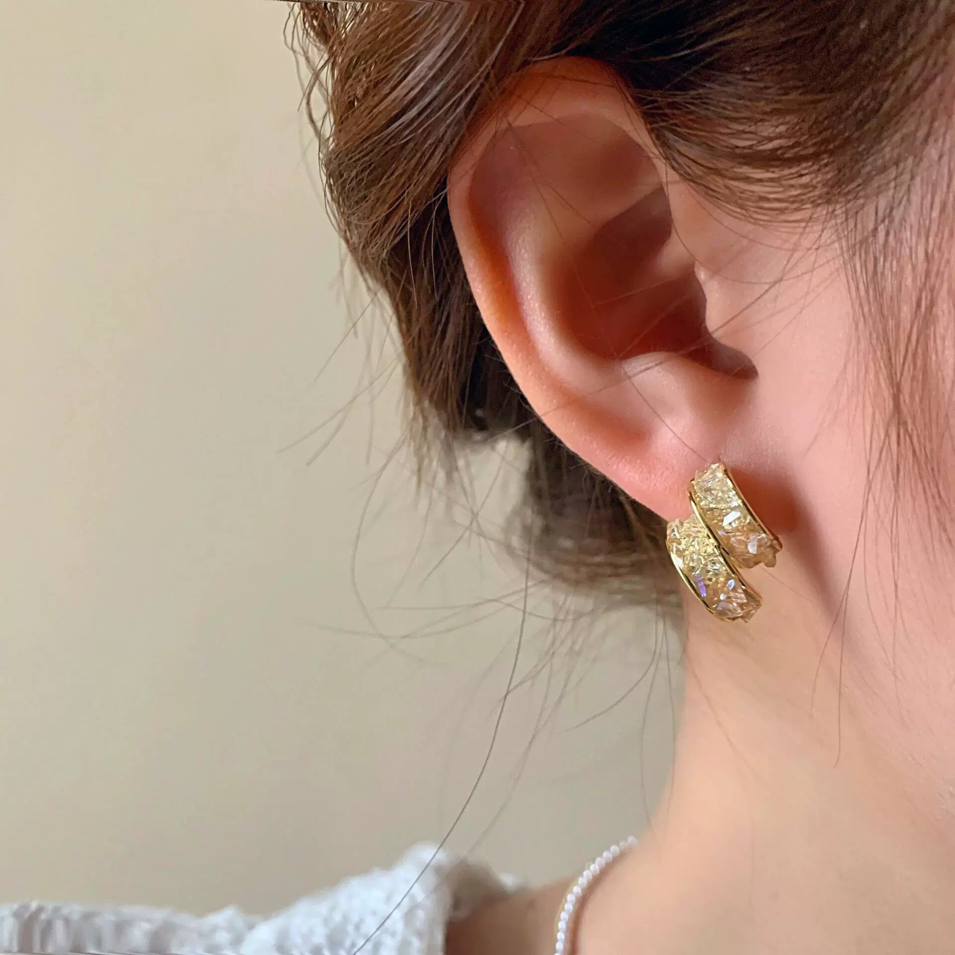 Sterling Silver Needle Glass Crystal Handmade C- Shaped Semi-curved Temperamental Minority Earrings - Norellé