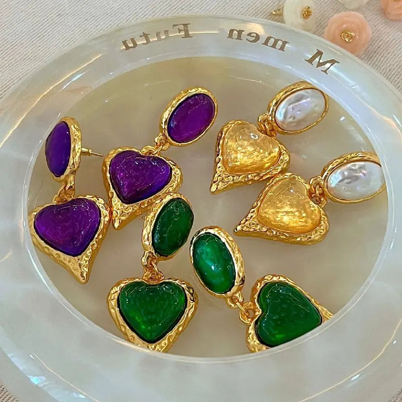 Medieval French Royal Style Purple Love Heart Earrings - Norellé