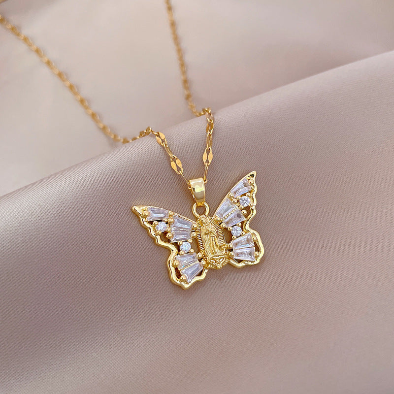 Titanium Steel Micro-inlaid Portrait Butterfly Zircon Necklace - Norellé