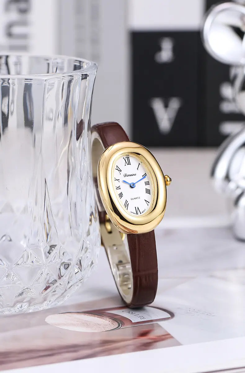 Women Quartz Watch Roman Numerals Vintage Simple Oval Clock Stainless Steel