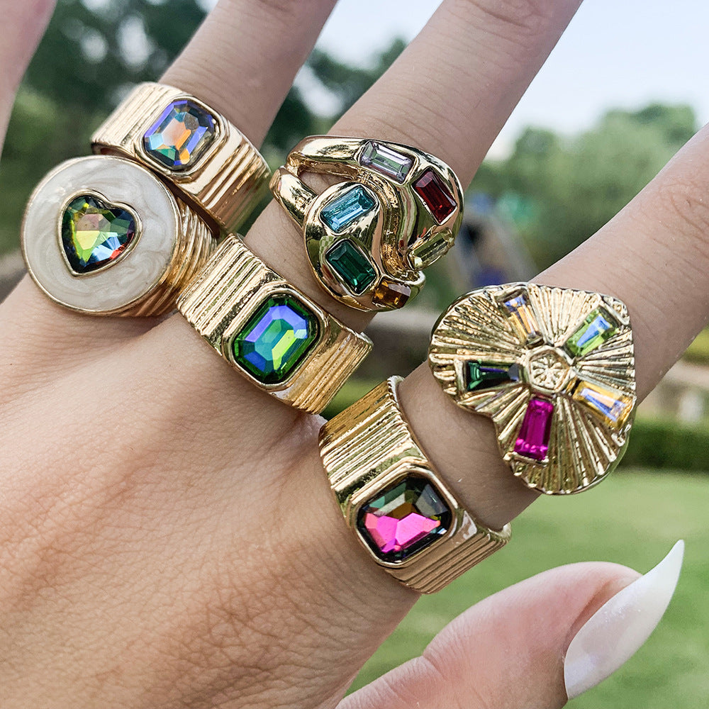Colorful Crystals Oil Drop Peach Heart Crystal Ring - Norellé