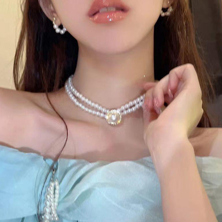 New Rhinestone Pearl Tassel Double-layer Necklace - Norellé