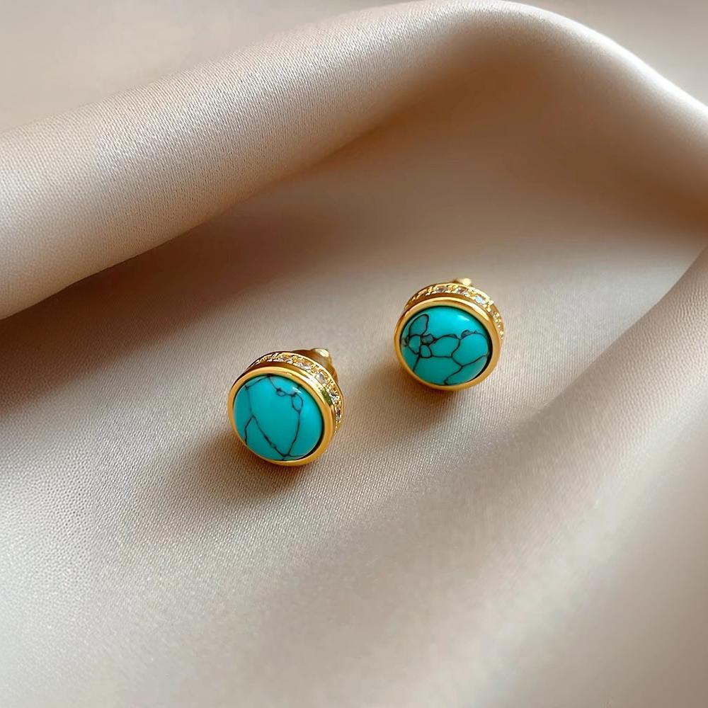 Natural Stone Stud Earrings Round Diamond Gold-plated Earrings - Norellé
