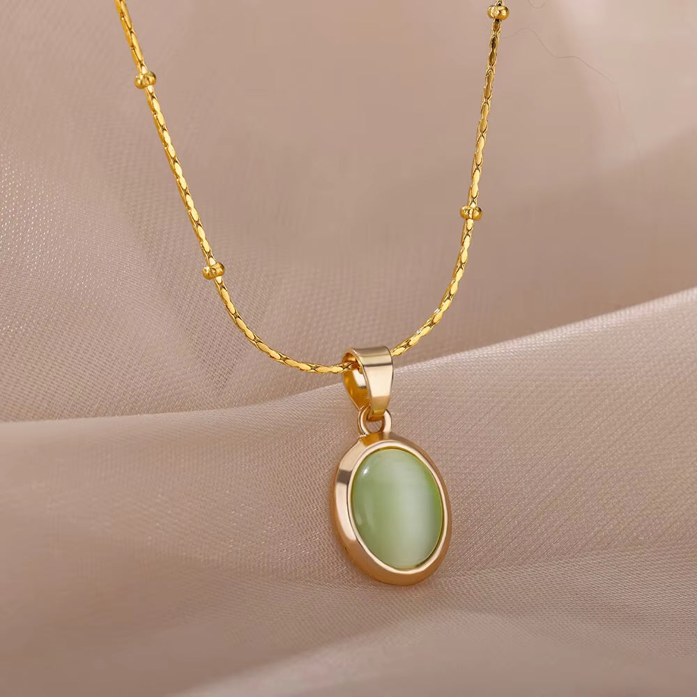 High-grade Oval Cat's Eye Pendant Titanium Steel Necklace - Norellé