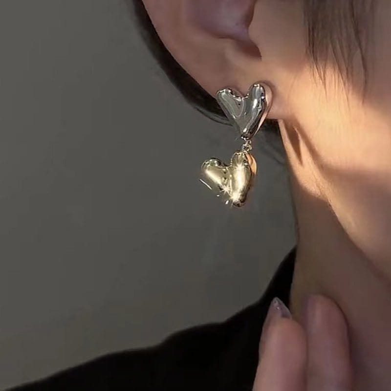 Gold And Silver Stitching Two-tone Love Heart Earrings