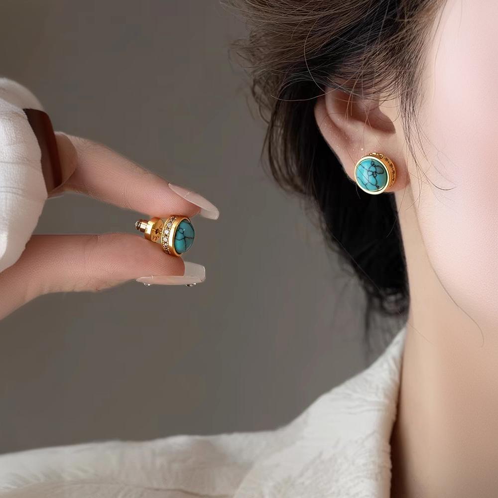 Natural Stone Stud Earrings Round Diamond Gold-plated Earrings - Norellé