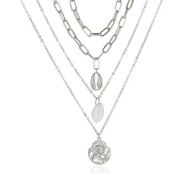 Women’s All-match Simple Shell Pendant Hollow Portrait Multi-layer Necklace