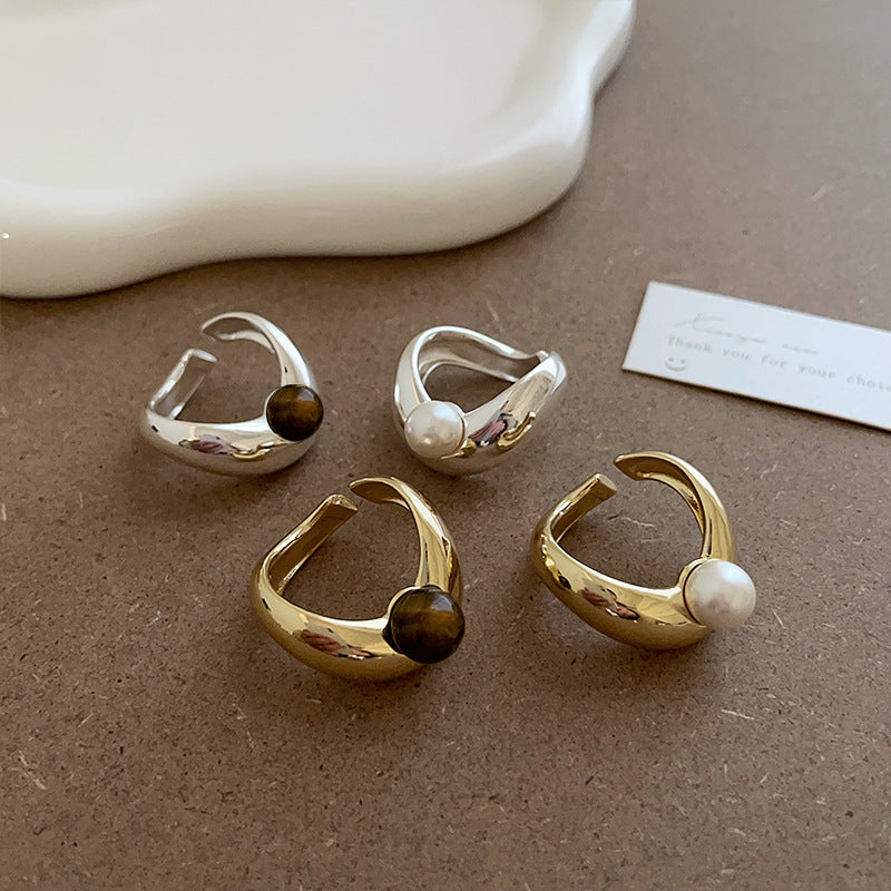 Irregular Metal Pearl Tigereye Open Ring For Women - Norellé