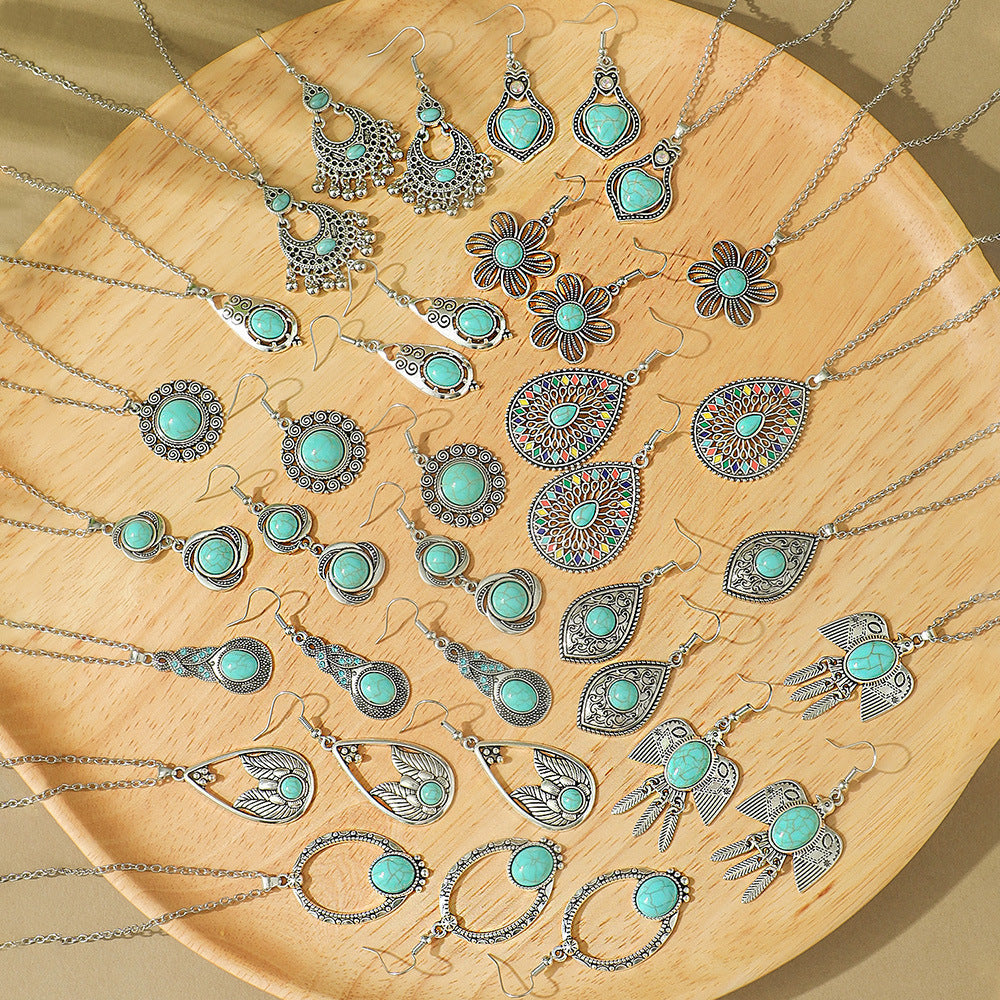 Fashion Turquoise Long Pendant Ear Rings Suit - Norellé