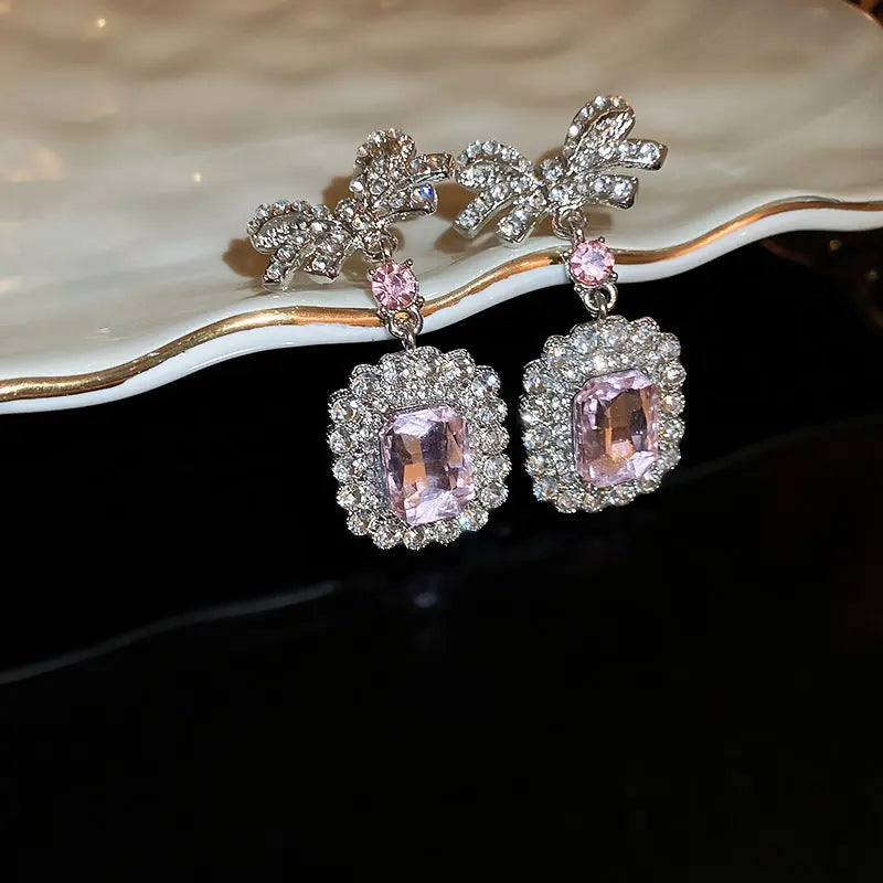 Rhinestone Zircon Square Bow Necklace And Earrings Suite - Norellé