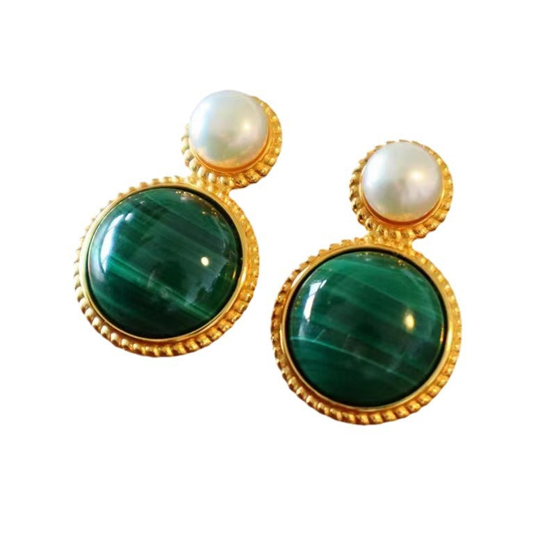 Green Malachite Pearl Stud Earrings For Women - Norellé