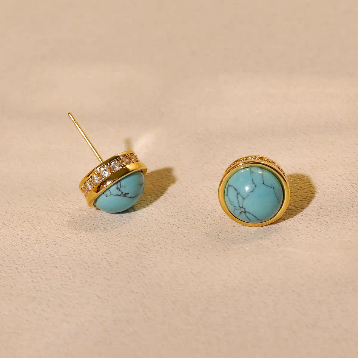 Natural Stone Stud Earrings Round Diamond Gold-plated Earrings - Norellé