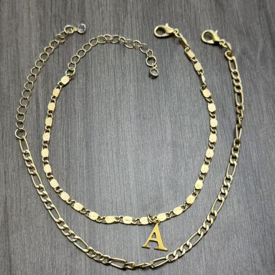 26 Initial Letter Anklets Gold Double Layer Chain Anklet Twin - Norellé