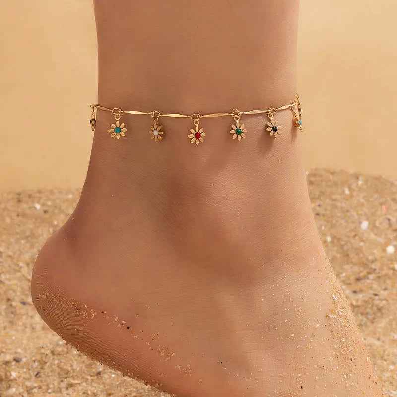 Simple Metal Flower Colorful Rose Pendant Tassel Anklet - Norellé