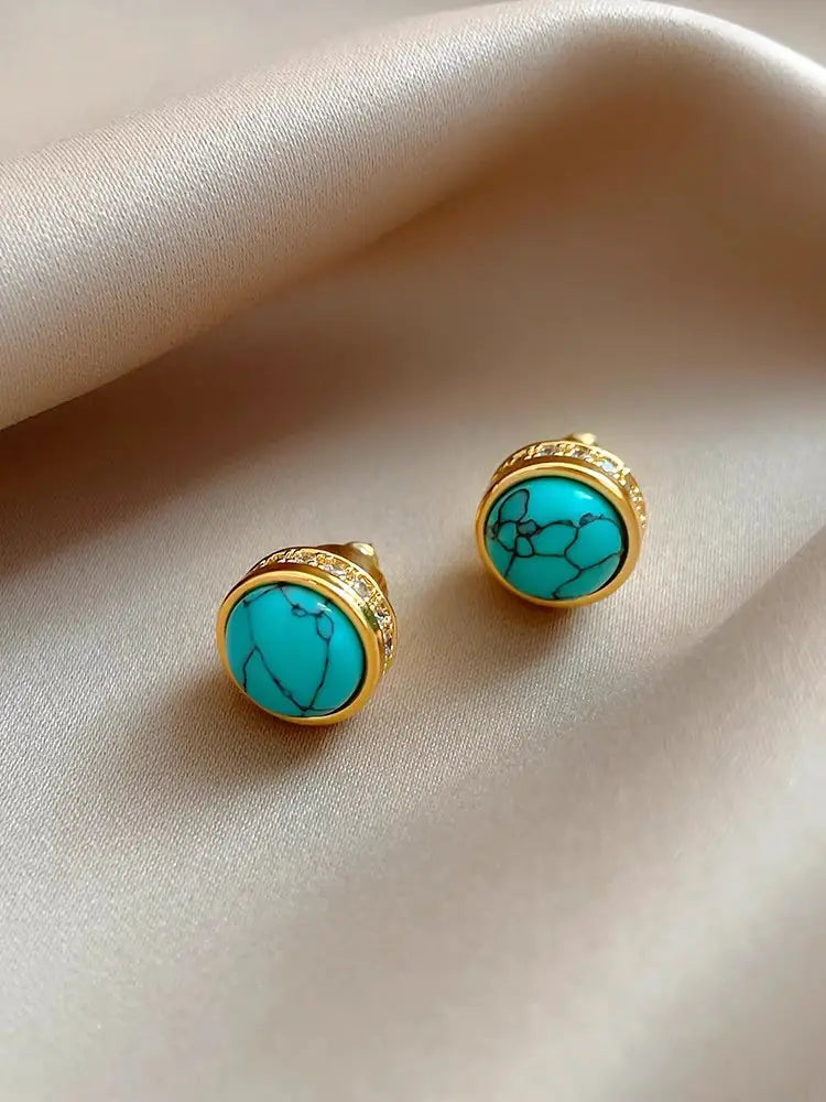 Natural Stone Stud Earrings Round Diamond Gold-plated