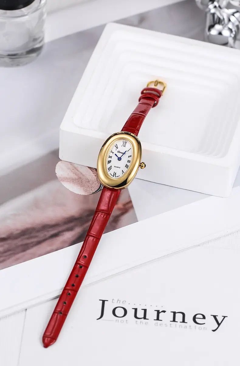 Women Quartz Watch Roman Numerals Vintage Simple Oval Clock Stainless Steel