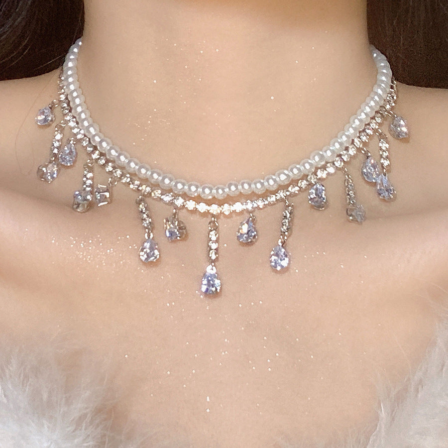 New Rhinestone Pearl Tassel Double-layer Necklace - Norellé