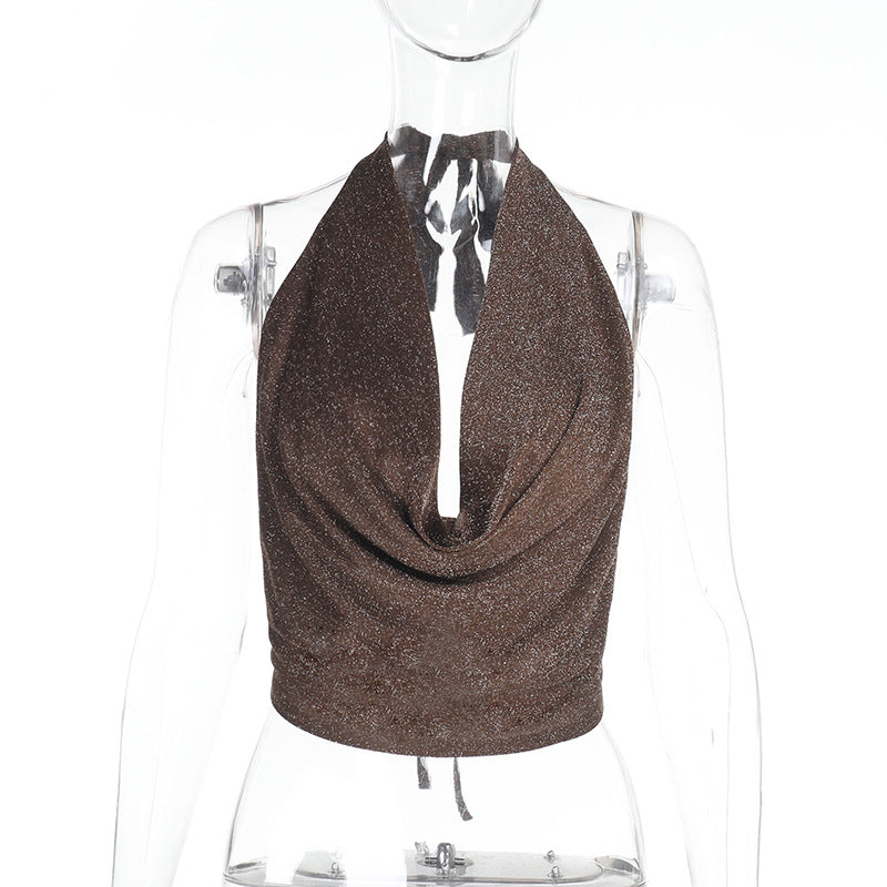 Women's Pure Color Halter Silver Silk Pockets Collar Top - Norellé